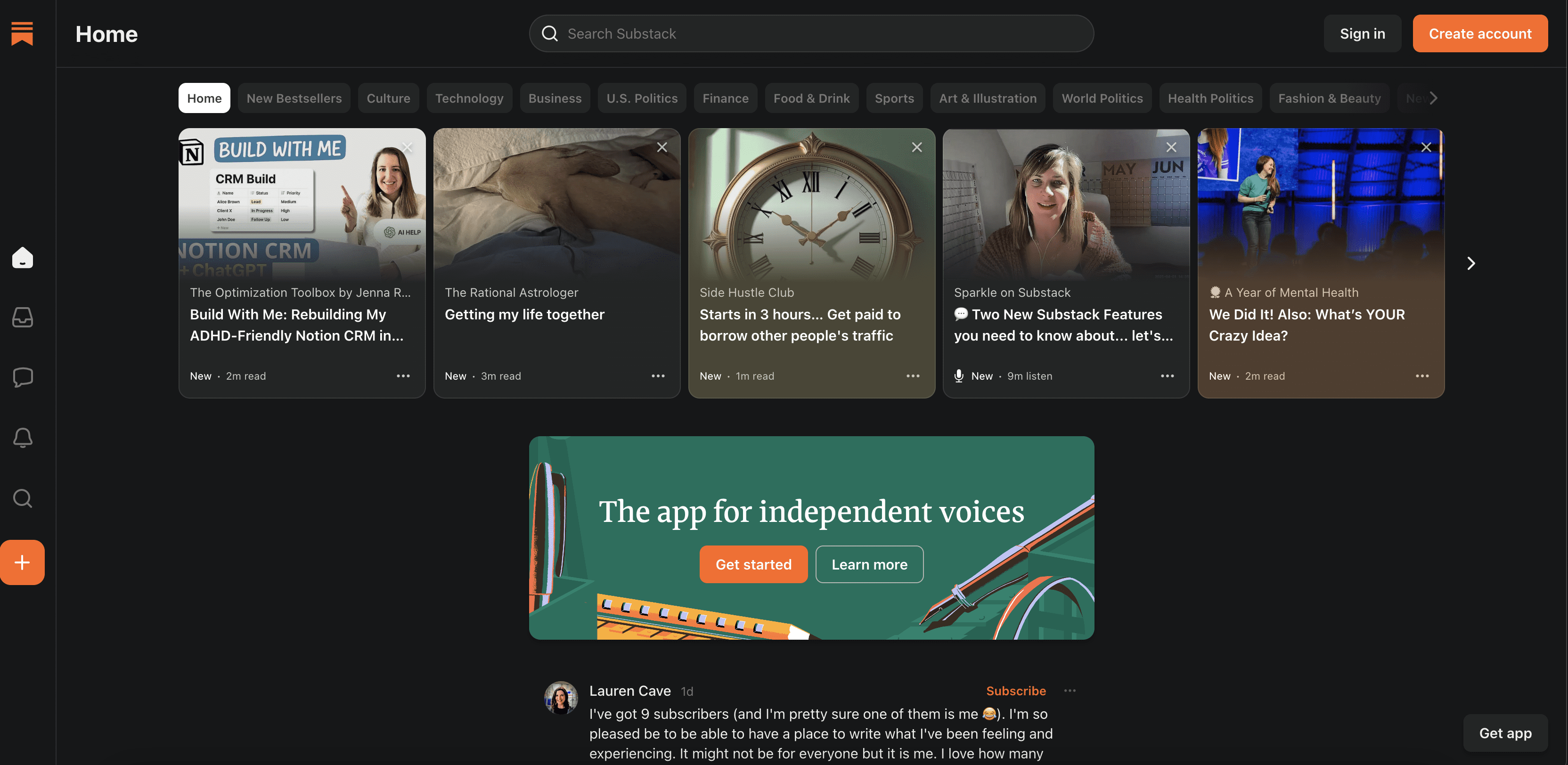 Screenshot of Substack's home page